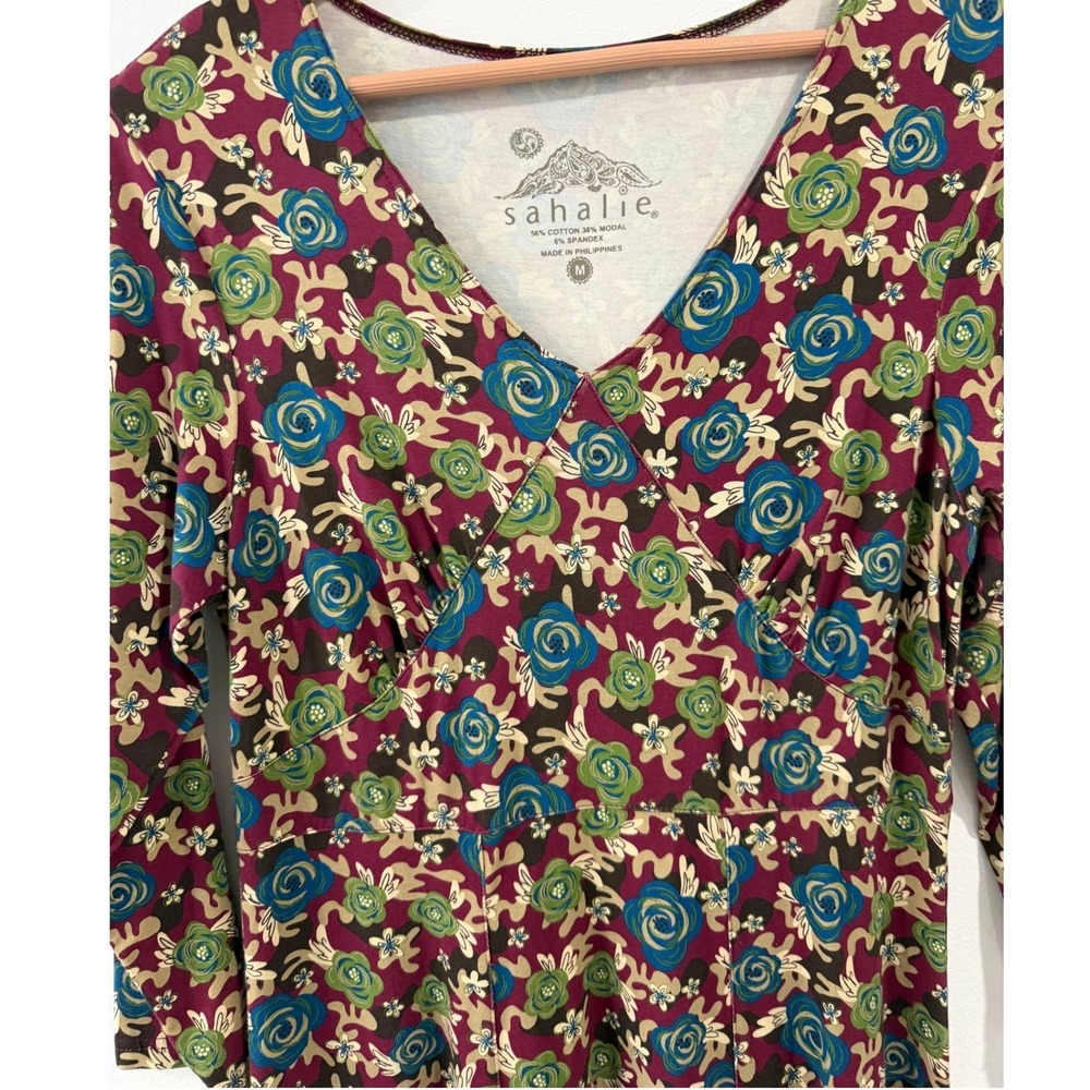 Sahalie Women Floral Midi Dress Burgundy V-Neck 3/4 Sleeve Cotton Modal Blend M - Picture 5 of 10